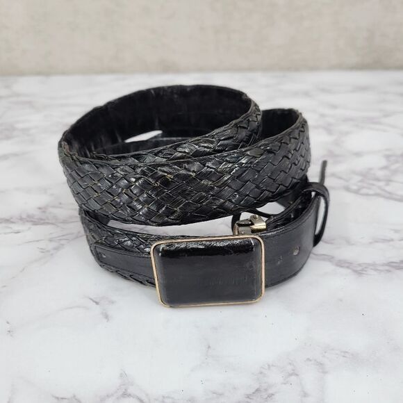 Vintage Belt Woven Black EEL Skin Leather and Gold Toned Buckle Men's Unisex - Picture 1 of 11
